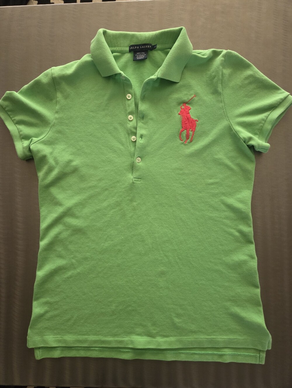 Ralph Lauren Skinny Fit Big Pony Polo Shirt Green Pink Logo Cotton Women's L